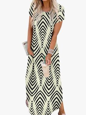 Women's Black Chevron Maxi Dress - Casual Short Sleeve